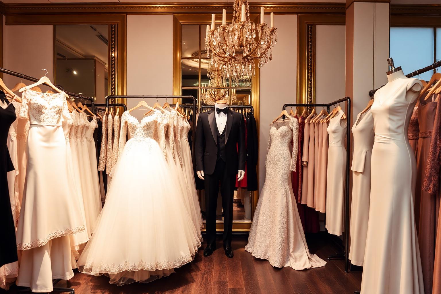 Tailored wedding gowns and formal garments in a premium atelier showroom
