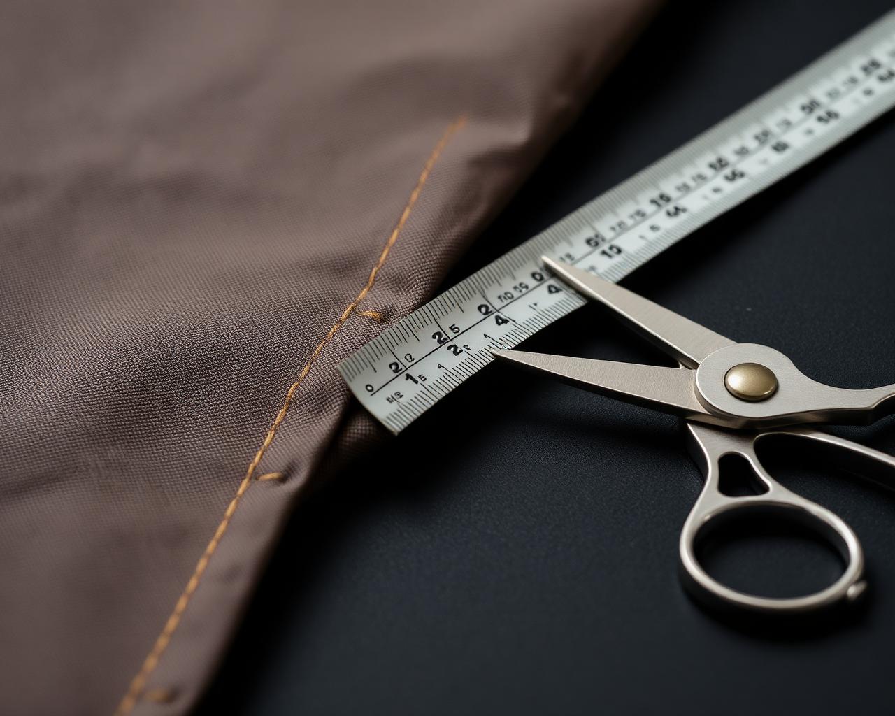 Premium fabric with gold stitching, measuring tape and tailoring scissors